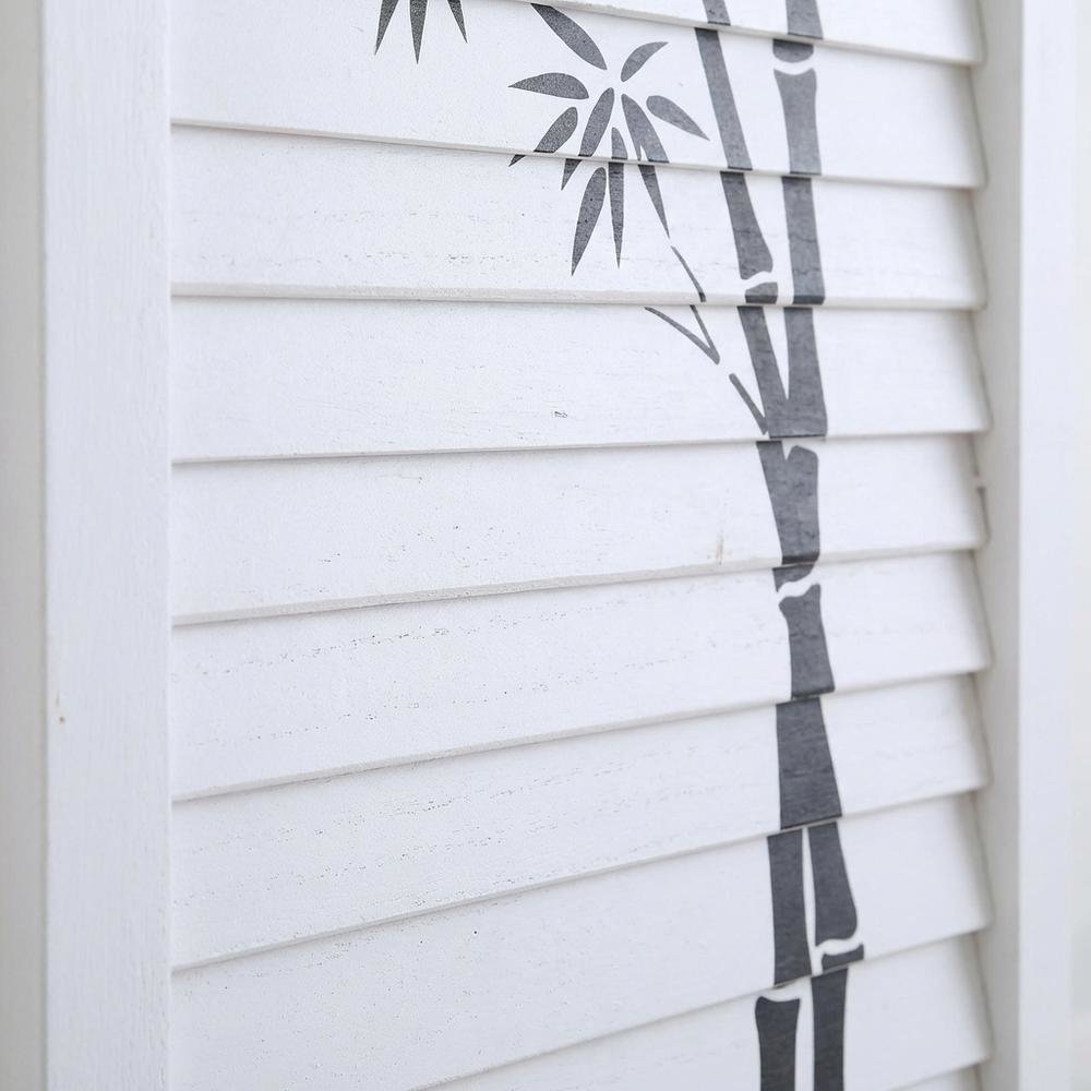 White 4-Panel Wood Folding Room Divider, Bamboo Print Rice Paper, 71 Inch