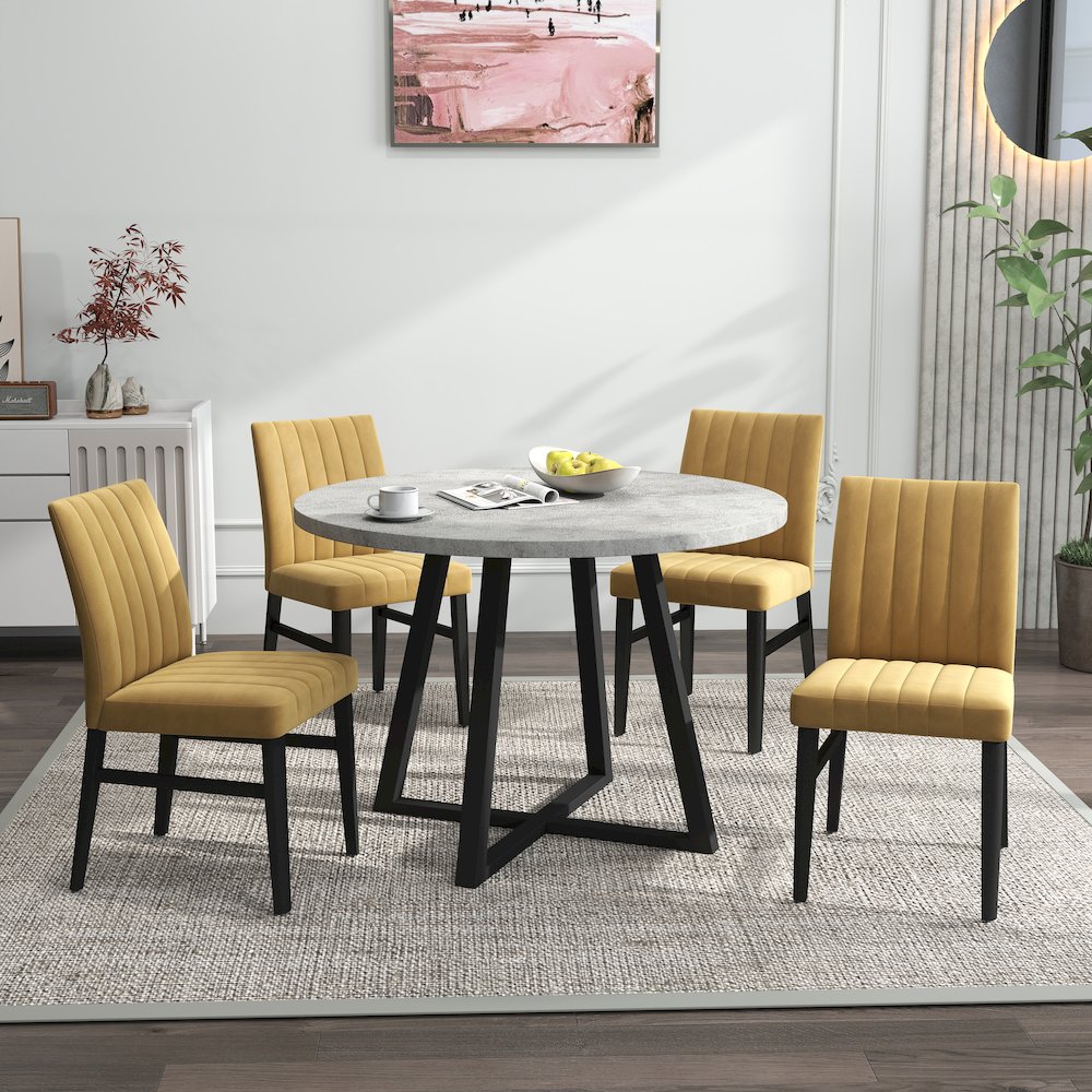 Edo 5-Piece Dining Set, Round Trestle Table and 4 Chairs, Gray and Yellow