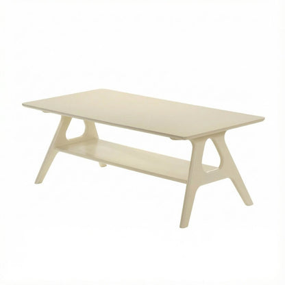 Off-White Coffee Table with Wood Shelf and Mid-Century Modern Design