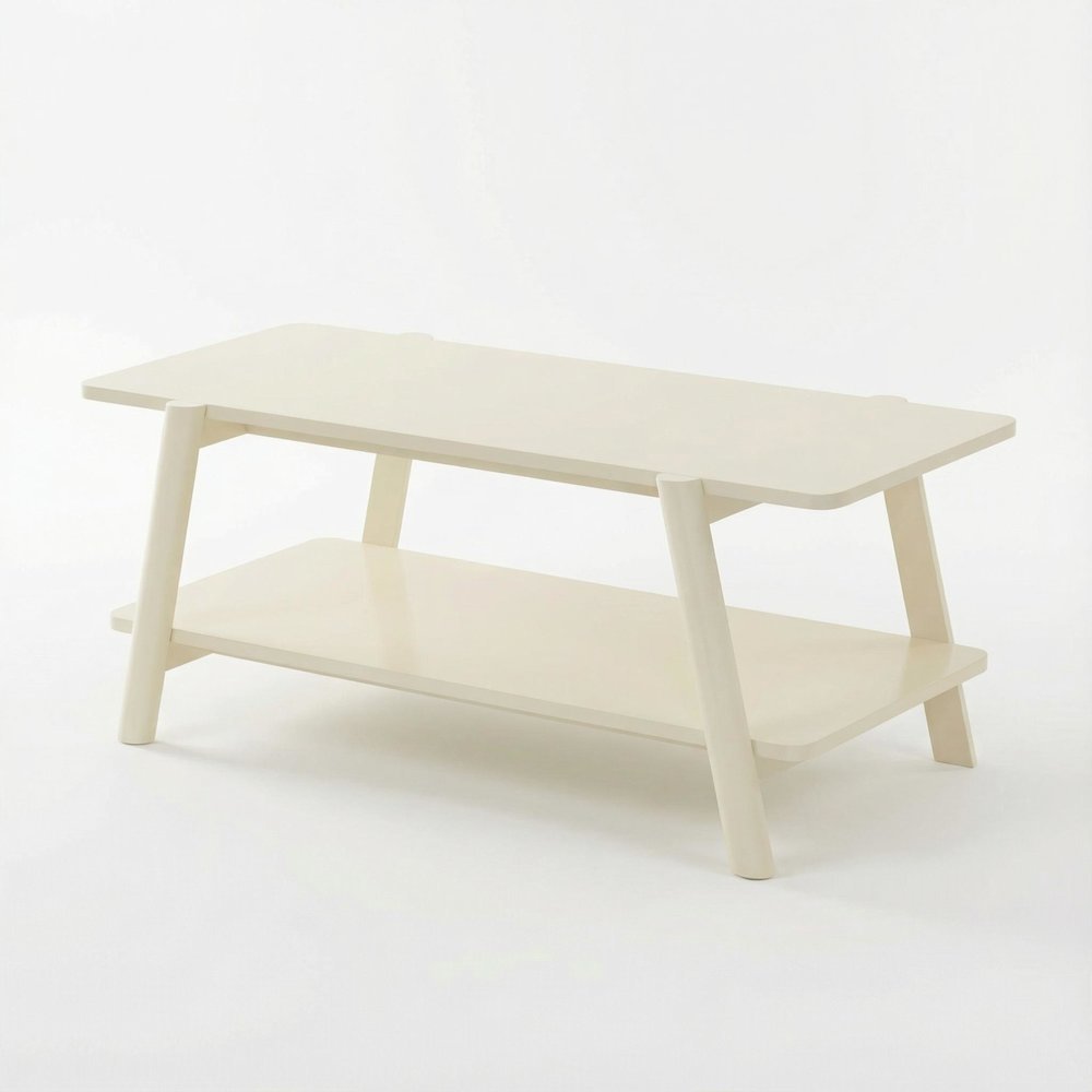 Off-White Mid-Century Modern Coffee Table with Wood Shelf and Sturdy Frame