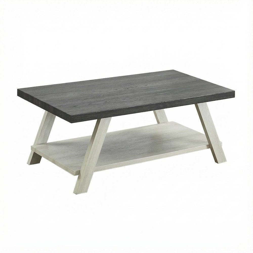 Two-Tone Weathered Charcoal Beige Wood Coffee Table with Storage Space