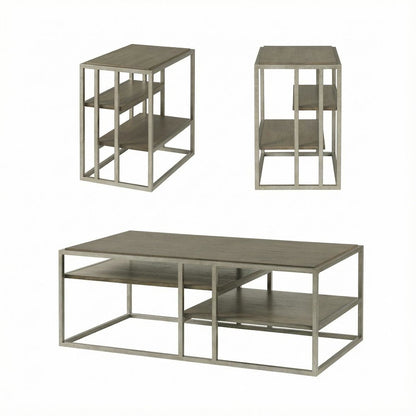 Metal Frame Coffee Table Set with 2 Wood Chairside Tables for Living Room