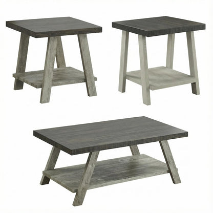 3-Piece Wood Shelf Coffee Table Set Weathered Walnut Gray with Storage