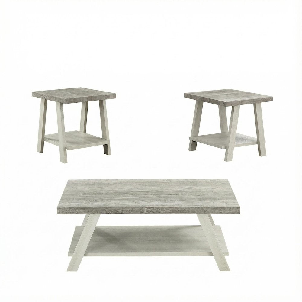 Weathered Gray 3-Piece Wood Shelf Coffee Table Set with Storage