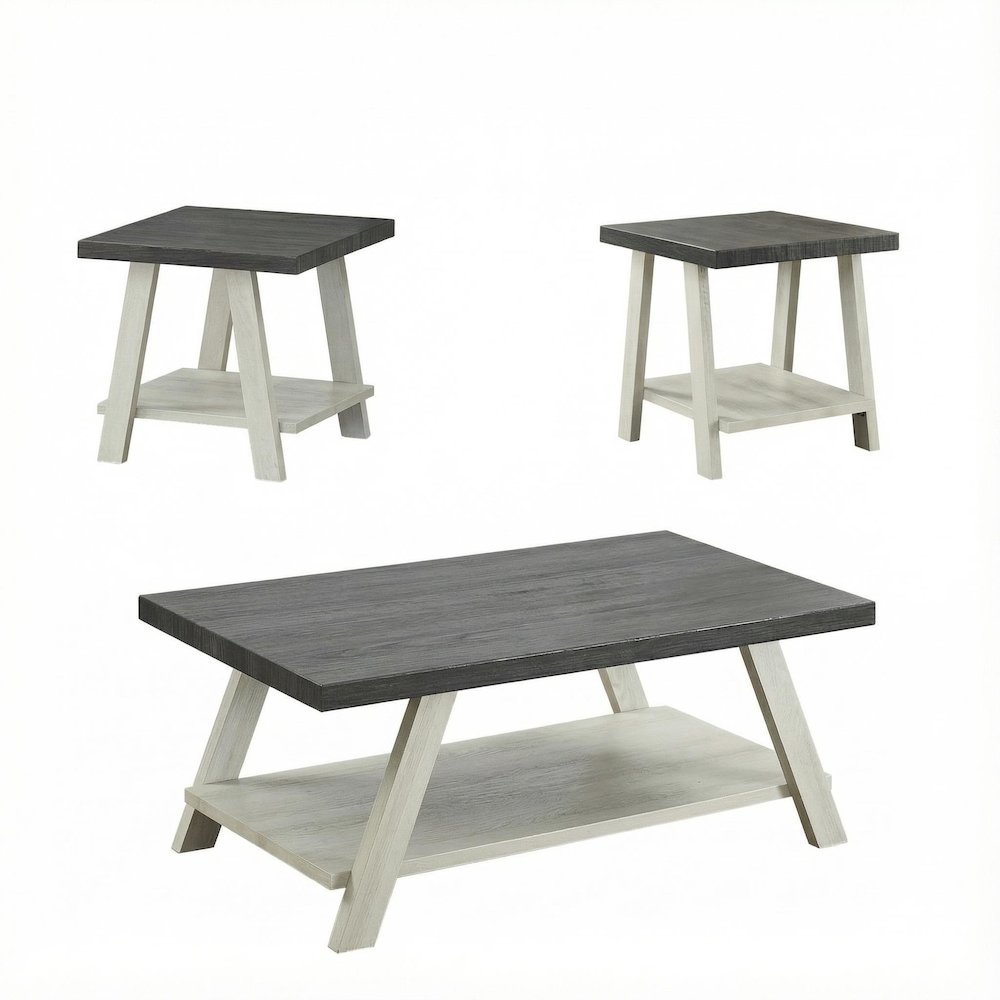 Weathered Charcoal and Beige 3-Piece Wood Shelf Coffee Table Set with Storage