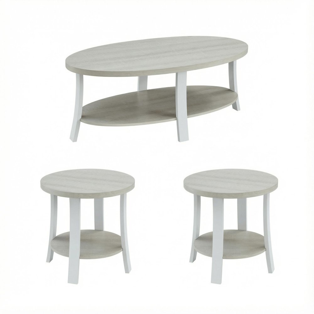 White Oval Wood 3-Piece Coffee Table Set with Contemporary Shelf Design