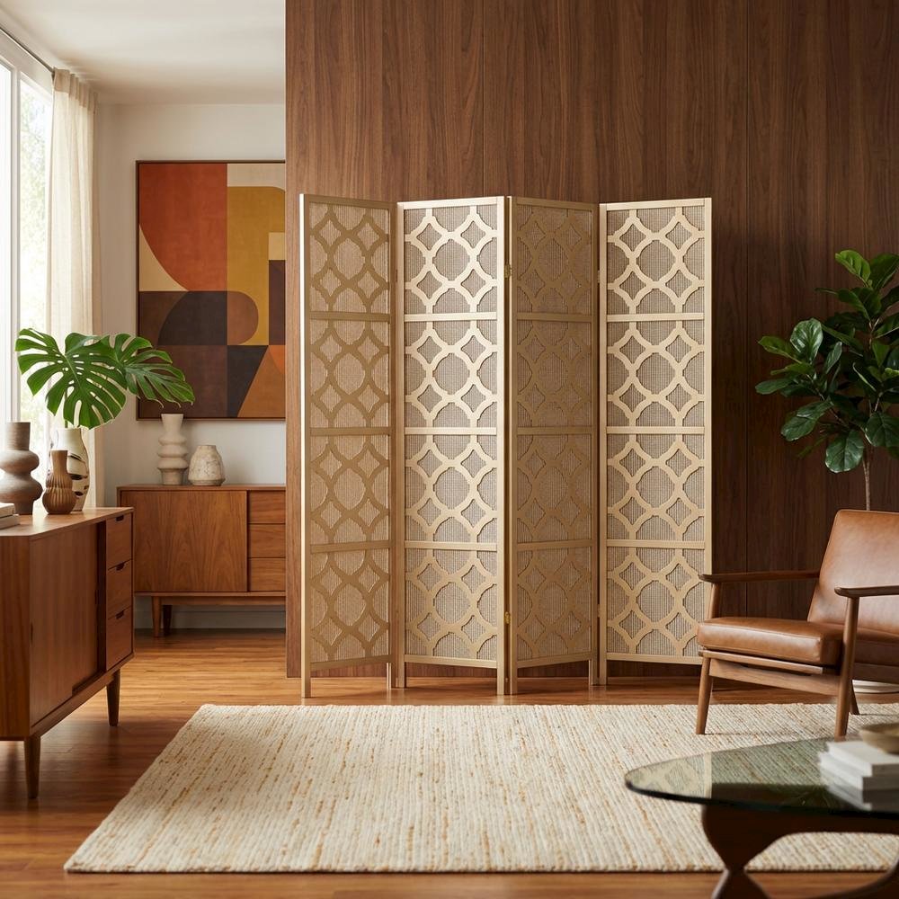 Gold 4-Panel Wood Folding Room Divider, Fabric Diamond Design, 70 Inch