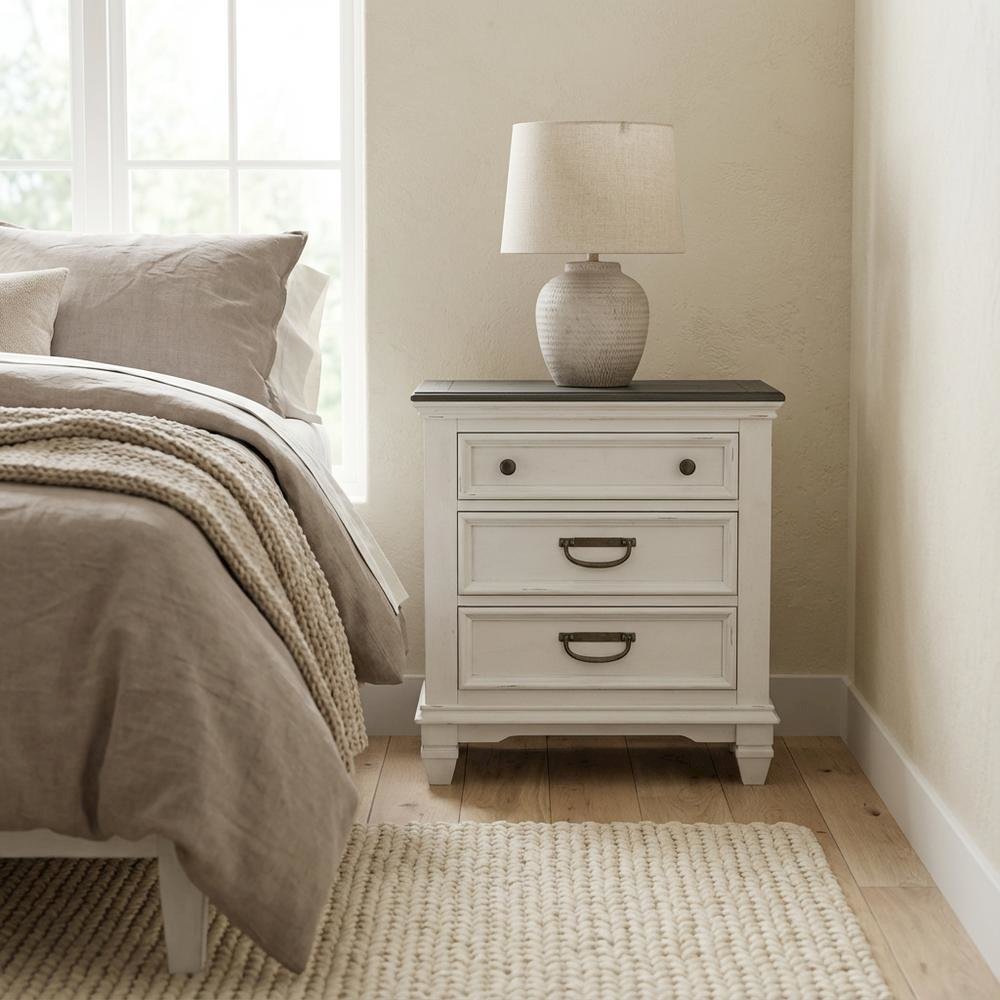 Weathered White and Gray Nightstand with 3 Drawers and Rustic Style
