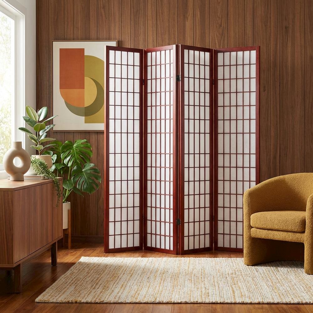 Cherry 4-Panel Wood Folding Room Divider, Rice Paper, 71 Inch