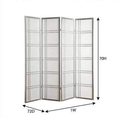 Silver 4-Panel Wood Folding Room Divider, Rice Paper, 70 Inch