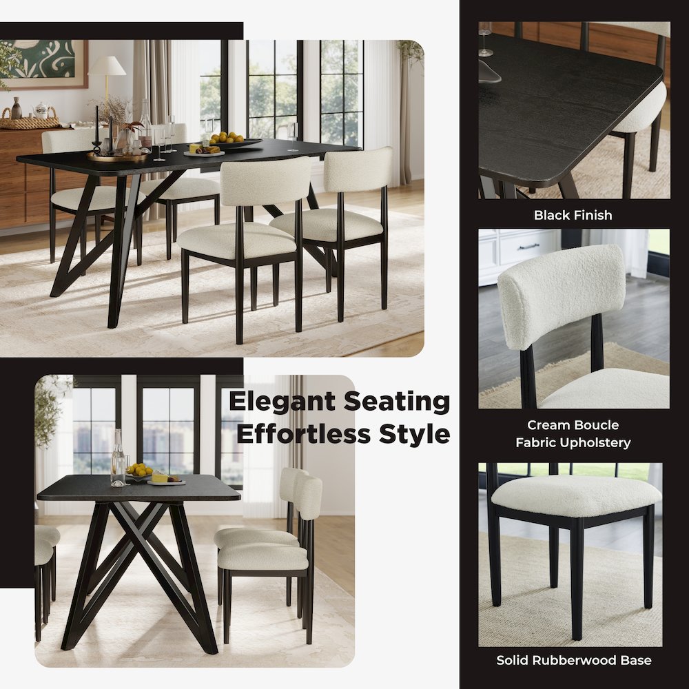 Axler 5-Piece Dining Set, Tripod-Cross Dining Table with 4 Boucle Chairs, Black