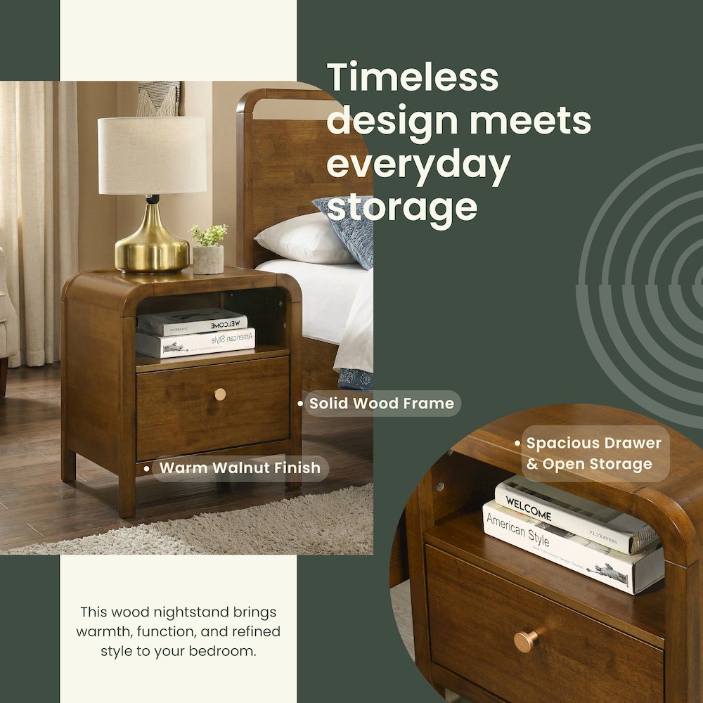 Eldren Wood Nightstand with Solid Rubberwood Frame, Walnut Finish