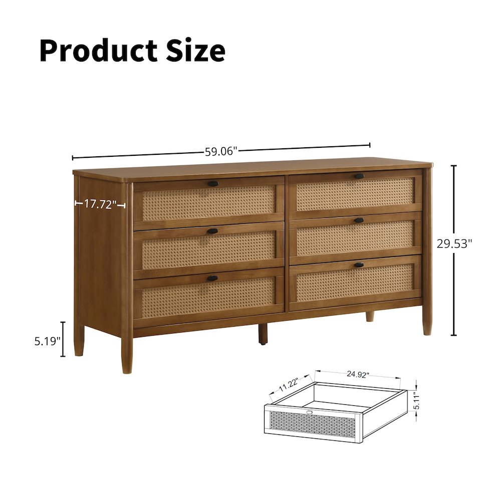 Vichy Wood and Rattan 6-Drawer Dresser with Mirror