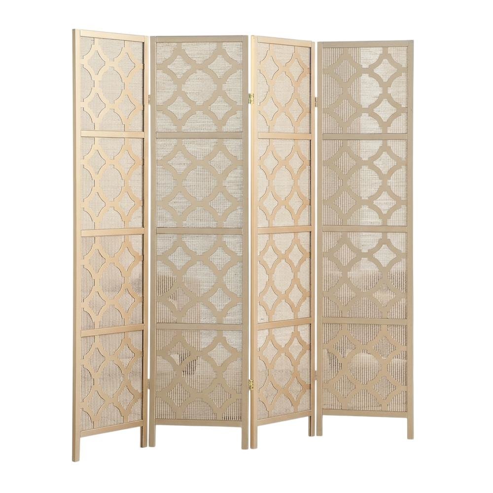 Gold 4-Panel Wood Folding Room Divider, Fabric Diamond Design, 70 Inch