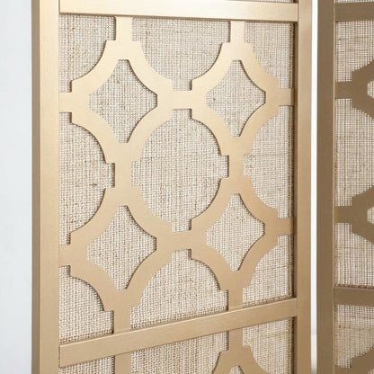 Gold 4-Panel Wood Folding Room Divider, Fabric Diamond Design, 70 Inch