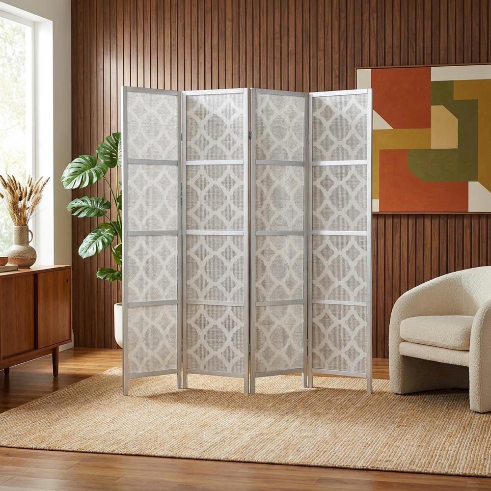 Silver 4-Panel Wood Folding Room Divider, Fabric Diamond Design, 70 Inch
