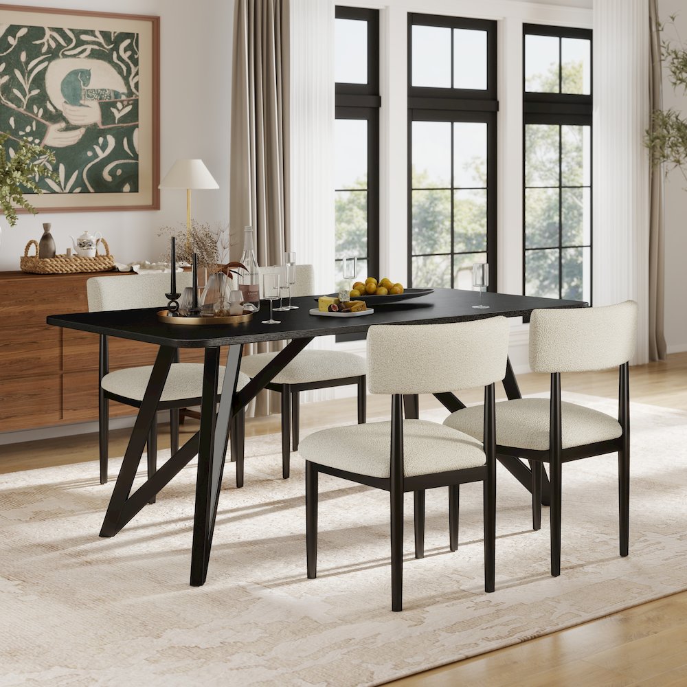 Axler 5-Piece Dining Set, Tripod-Cross Dining Table with 4 Boucle Chairs, Black