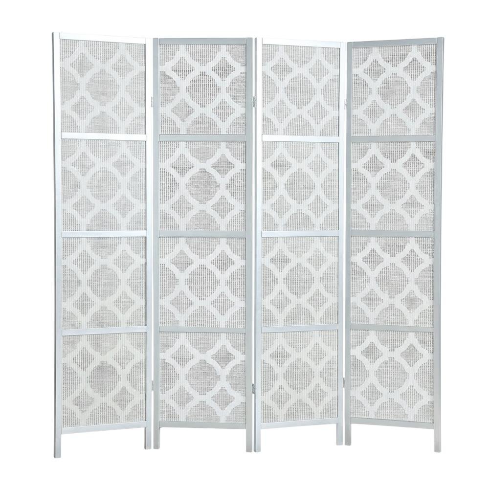 Silver 4-Panel Wood Folding Room Divider, Fabric Diamond Design, 70 Inch
