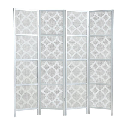 Silver 4-Panel Wood Folding Room Divider, Fabric Diamond Design, 70 Inch