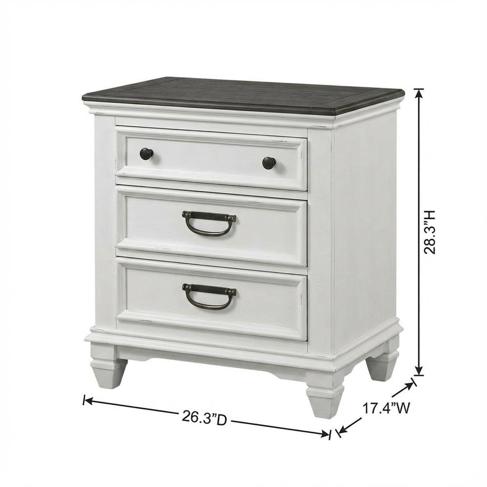 Weathered White and Gray Nightstand with 3 Drawers and Rustic Style