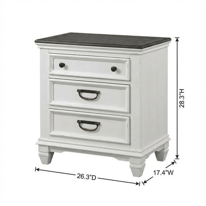 Weathered White and Gray Nightstand with 3 Drawers and Rustic Style