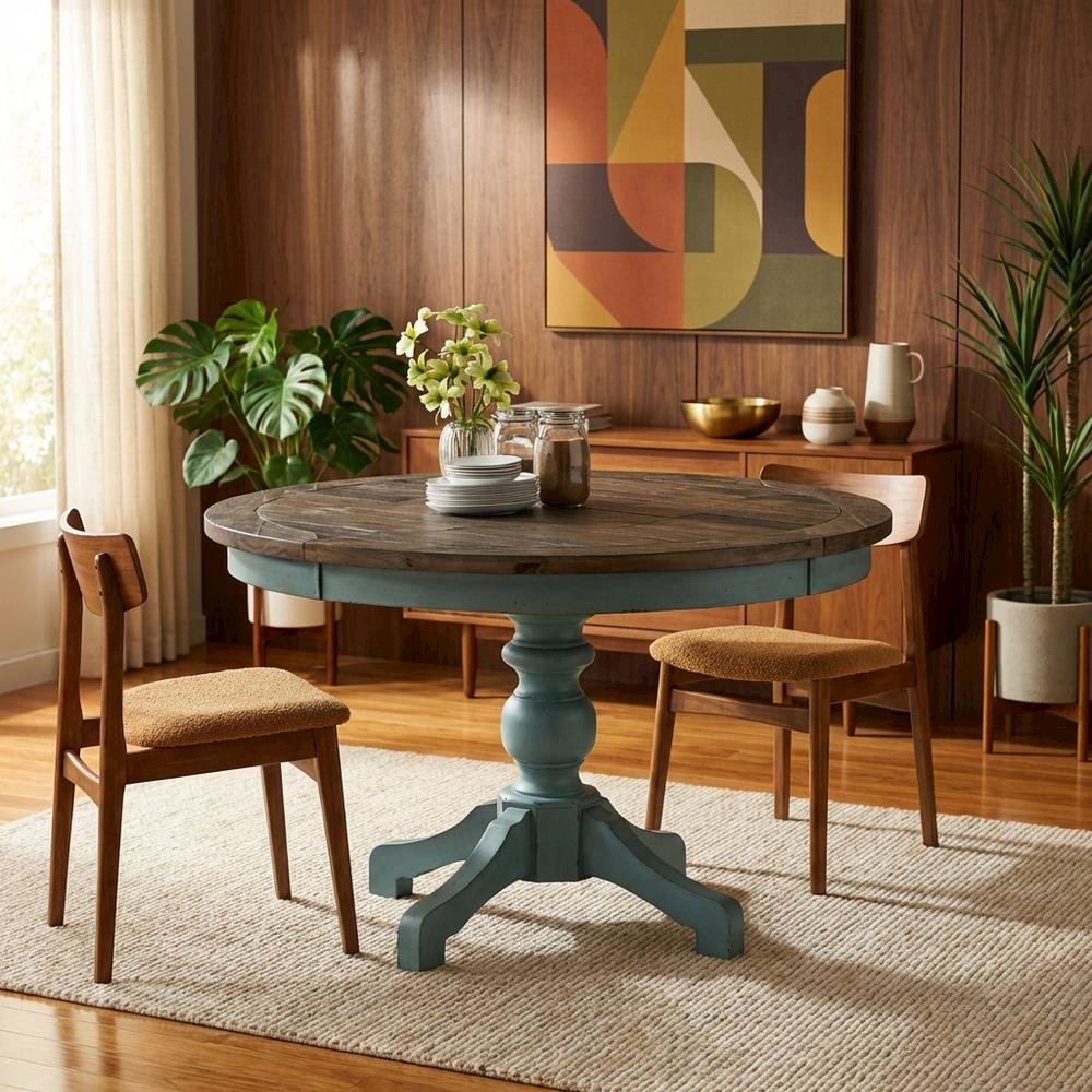 Blue Brown Round Dining Table, Farmhouse Style, Seats 4