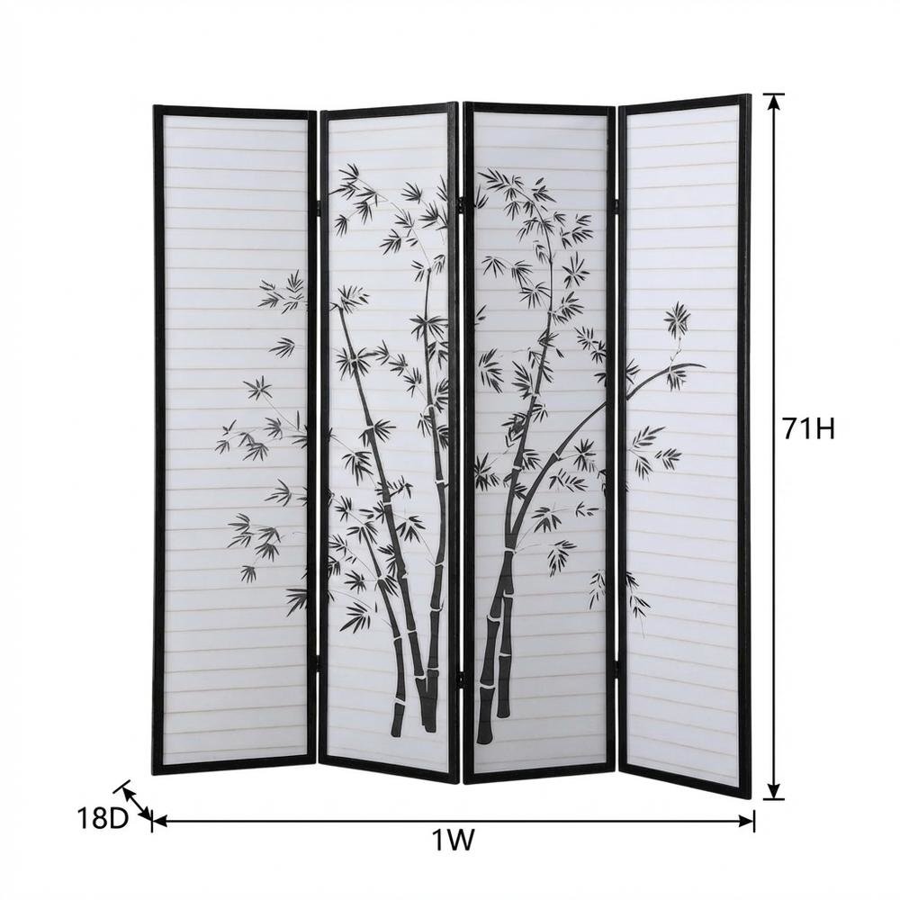 Black 4-Panel Wood Folding Room Divider, Bamboo Print Rice Paper, 71 Inch