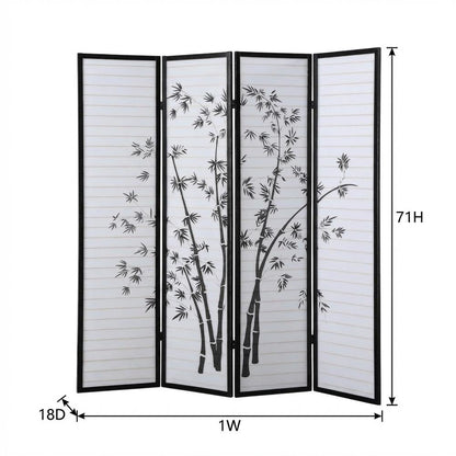 Black 4-Panel Wood Folding Room Divider, Bamboo Print Rice Paper, 71 Inch