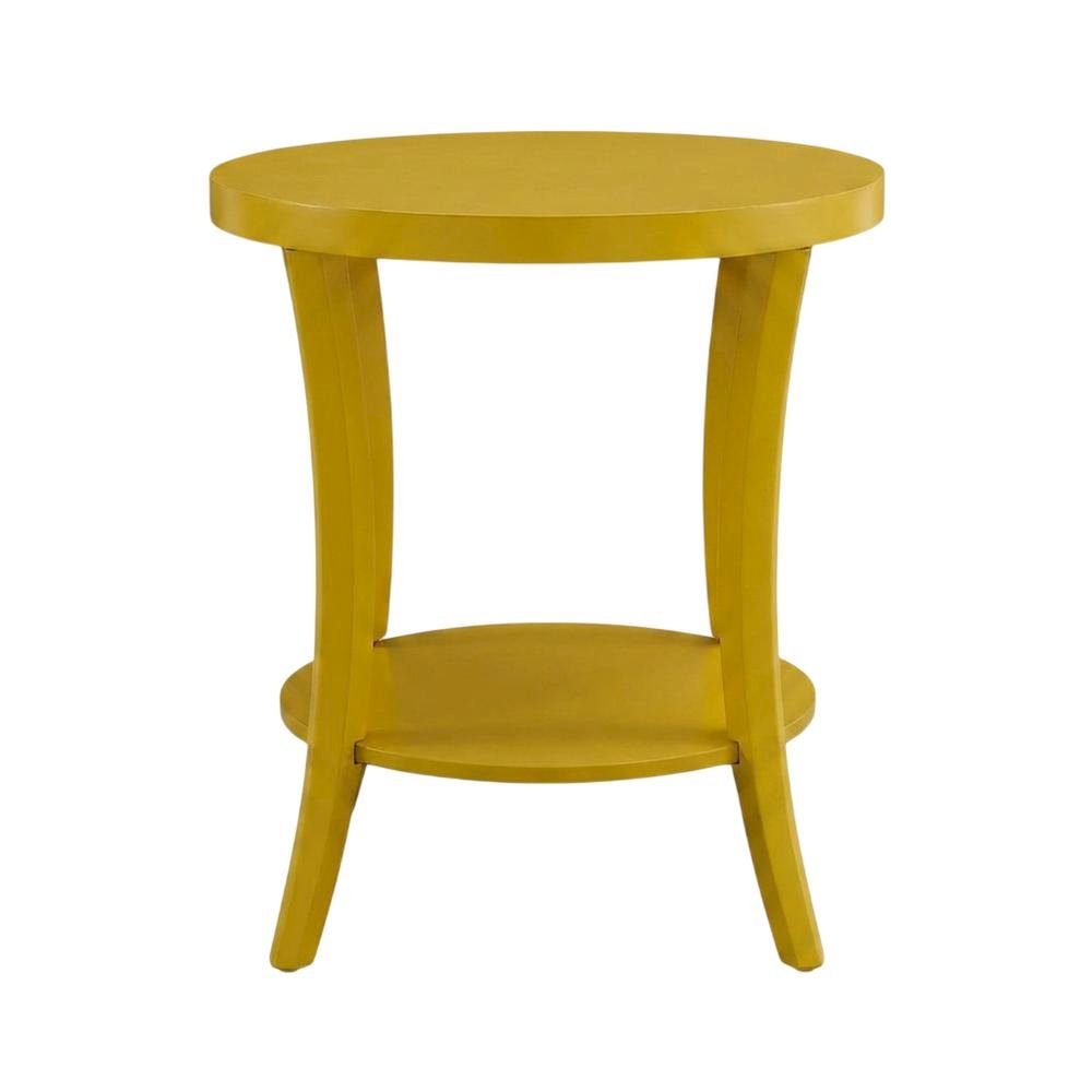 Yellow round end table with shelf for living room decor