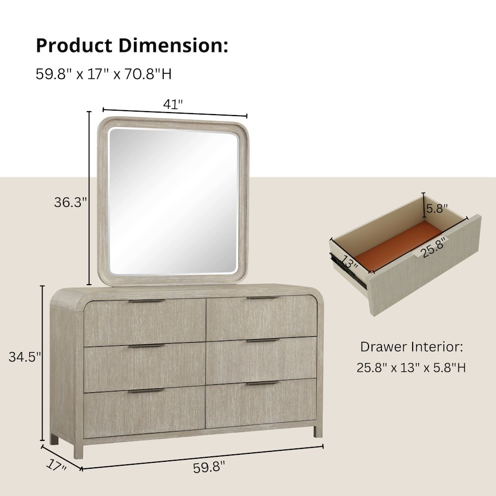 Tavari Contemporary 6-Drawer Wood Dresser with Mirror, Light Gray