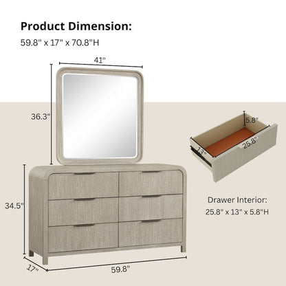 Tavari Contemporary 6-Drawer Wood Dresser with Mirror, Light Gray