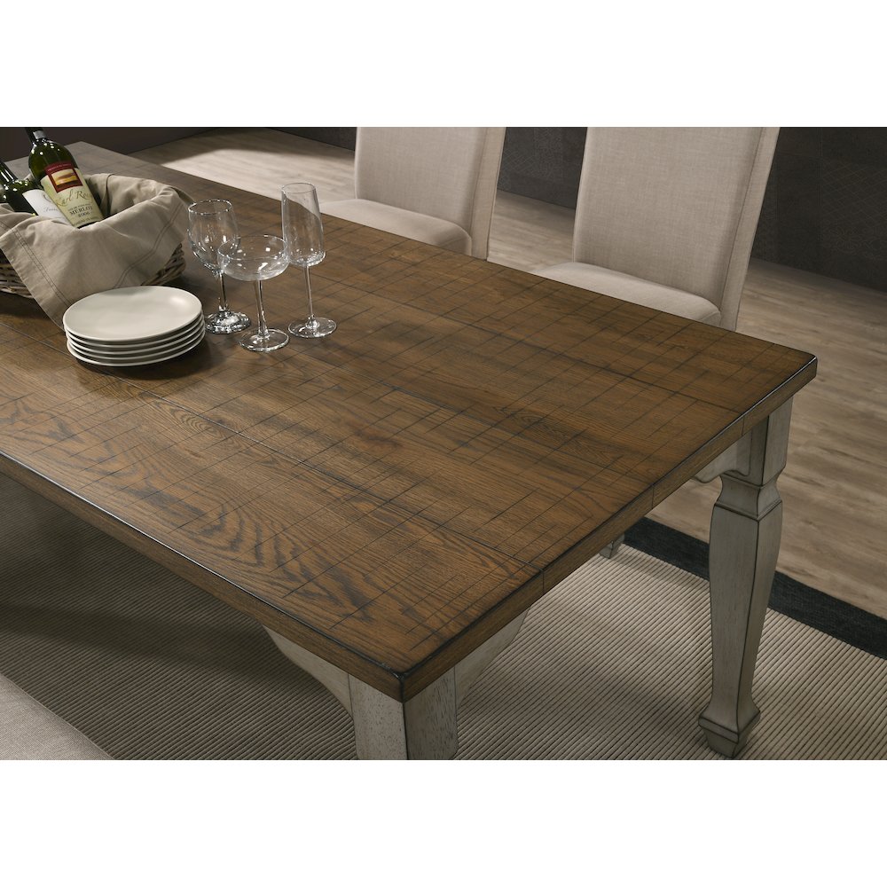 Breda Antique Gray and Dark Oak Finished Wood Dining Set, Table, Bench, Chairs