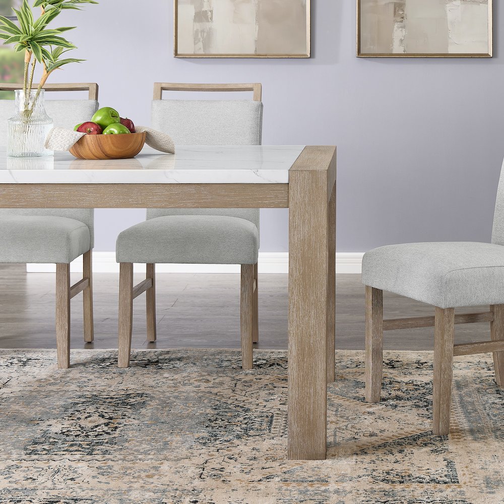 Zelalle Dining Table, Faux Marble Paper Top and White Wired-Brushed Finish
