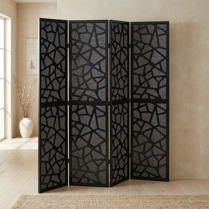 Black 4-Panel MDF Folding Room Divider, Fabric, 70 Inch