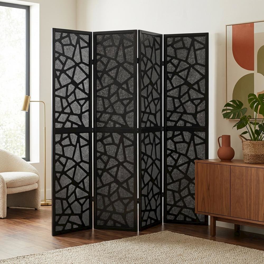 Black 4-Panel MDF Folding Room Divider, Fabric, 70 Inch