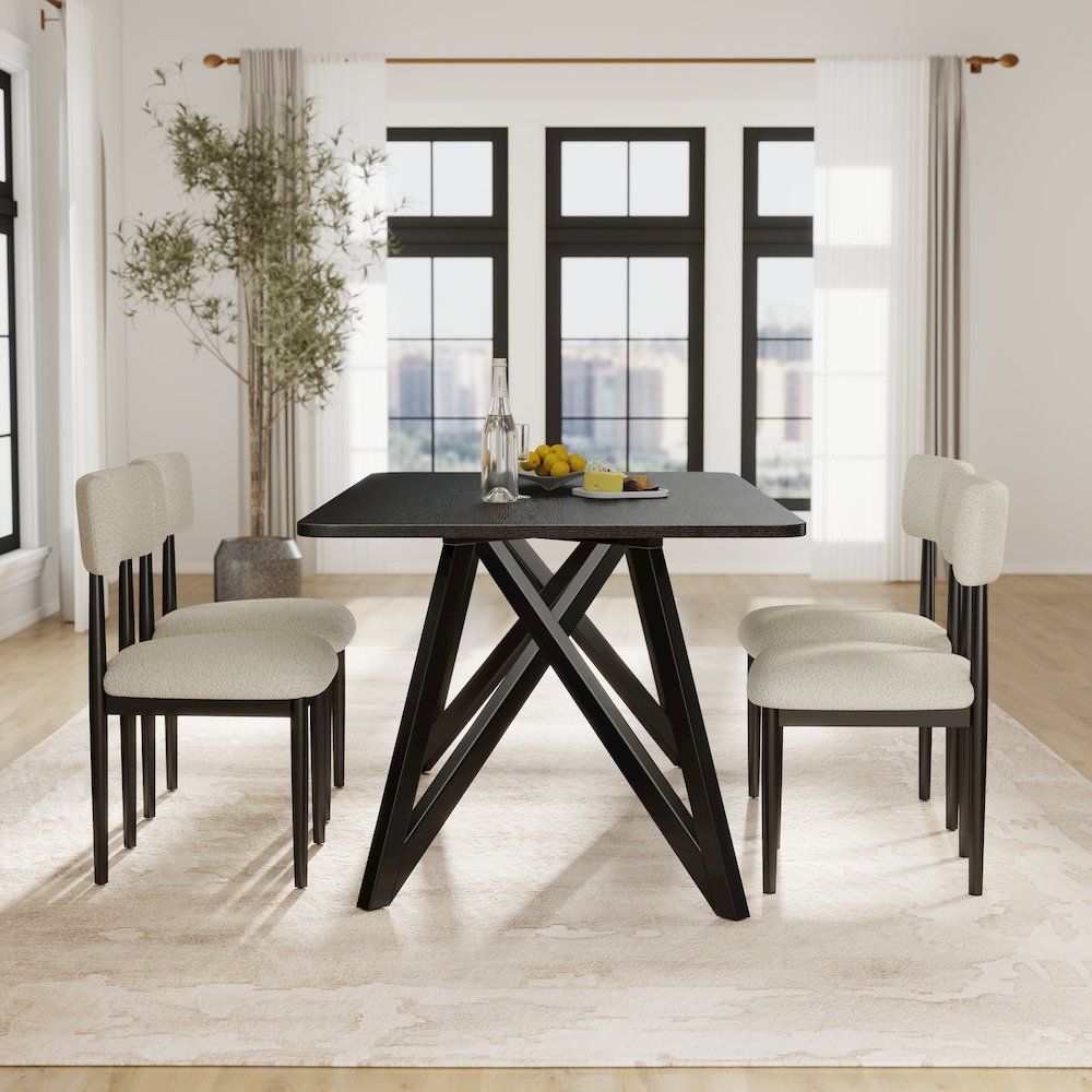 Axler 7-Piece Dining Set, Tripod-Cross Dining Table with 6 Boucle Chairs, Black
