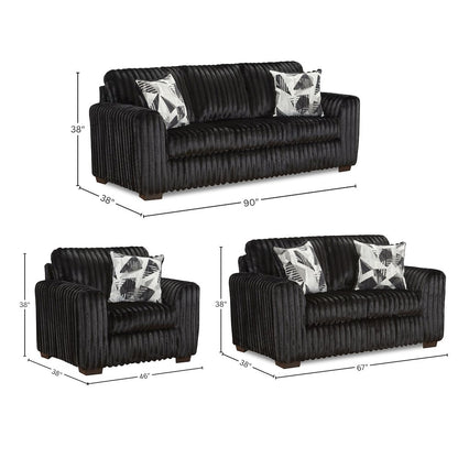 Nolan 3-Piece Living Room Set, Sofa Loveseat and Chair, Lush Black