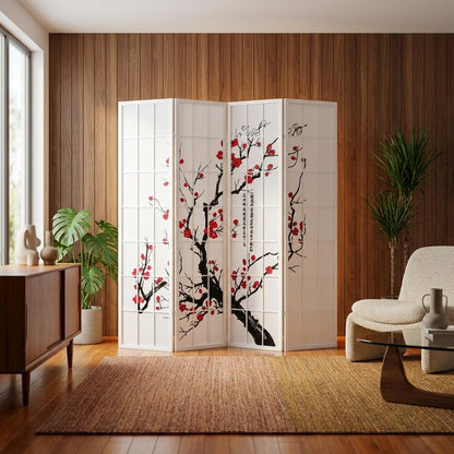 White 4-Panel Wood Folding Room Divider, Floral Print Fabric, 70 Inch