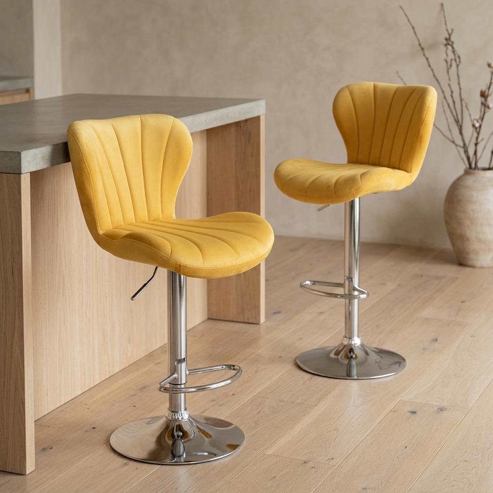 Yellow Upholstered Adjustable Swivel Barstool Set with Cushioned Seats