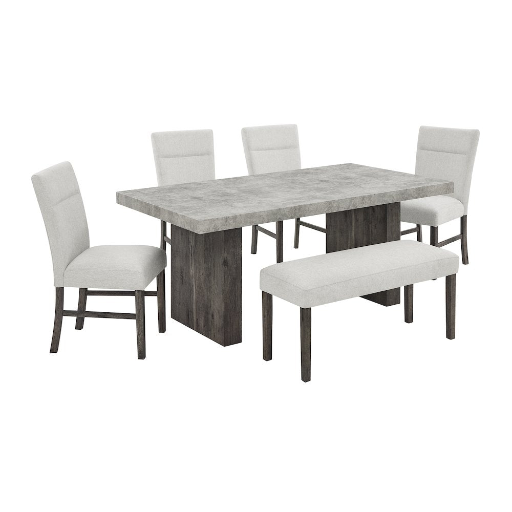 Sorlen Modern 6-Piece Dining Set, 3D Faux Concrete Table with 4 Chairs and Bench