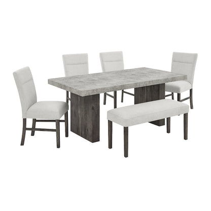 Sorlen Modern 6-Piece Dining Set, 3D Faux Concrete Table with 4 Chairs and Bench