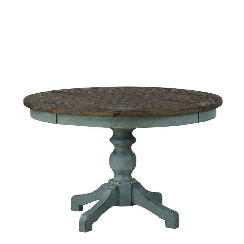 Blue Brown Round Dining Table, Farmhouse Style, Seats 4