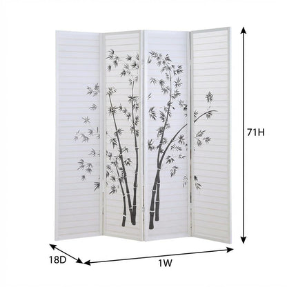 White 4-Panel Wood Folding Room Divider, Bamboo Print Rice Paper, 71 Inch