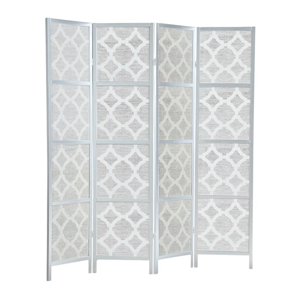Silver 4-Panel Wood Folding Room Divider, Fabric Diamond Design, 70 Inch