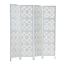 Silver 4-Panel Wood Folding Room Divider, Fabric Diamond Design, 70 Inch