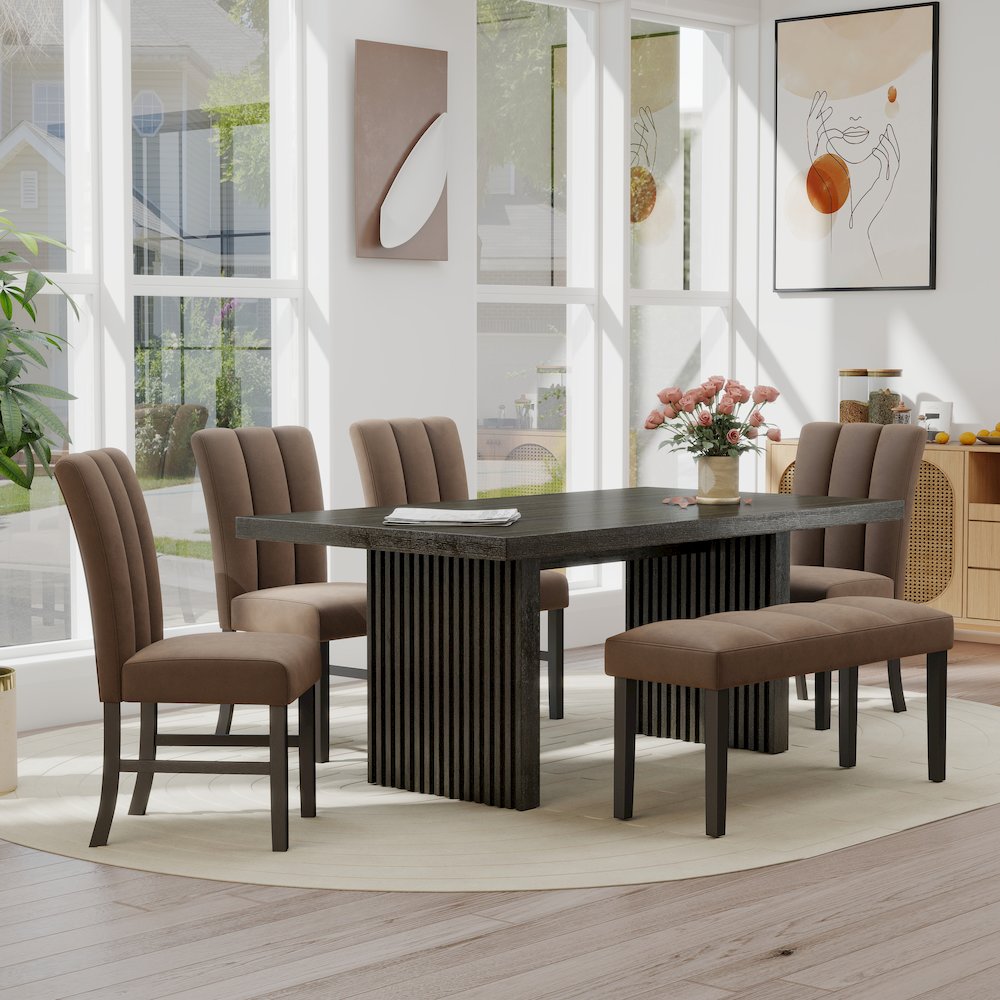 Madison 6-PC Dining Set, Slat-Fluted Table with 4 Chairs and a Bench, Chocolate