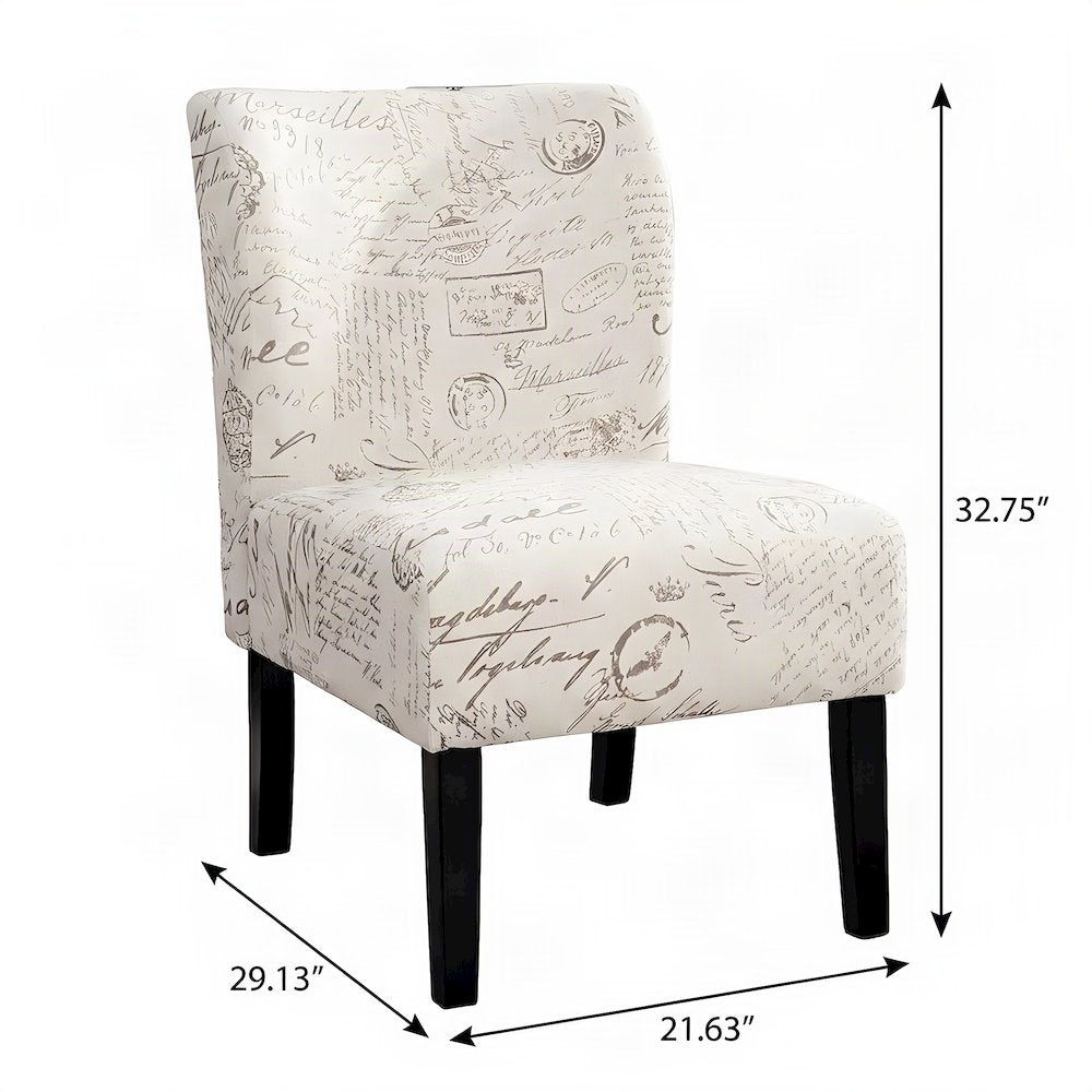 Fabric-Upholstered Armless Accent Chair with Letter-Print Detail, Beige
