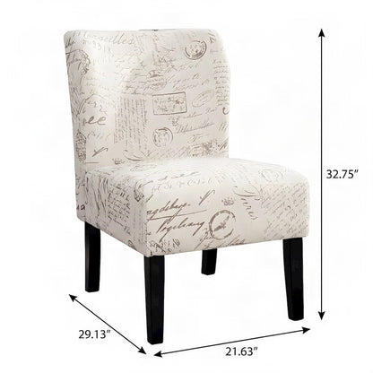 Fabric-Upholstered Armless Accent Chair with Letter-Print Detail, Beige