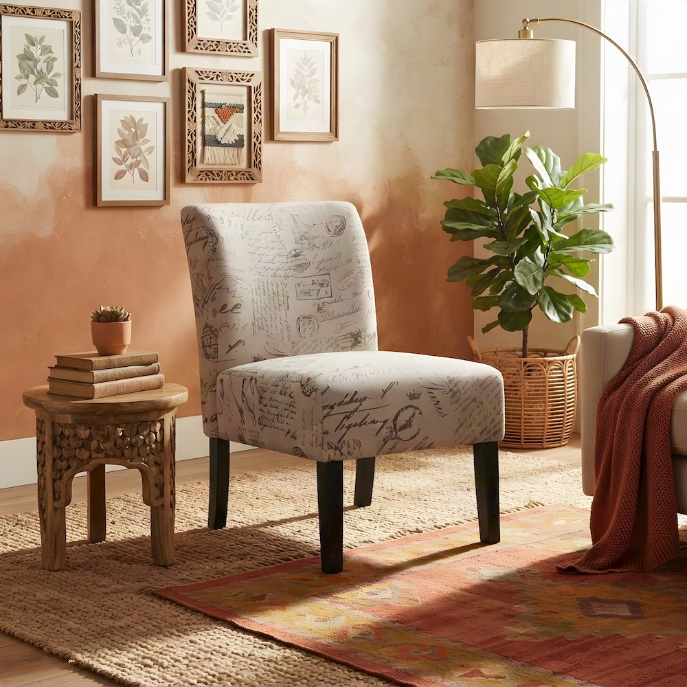 Fabric-Upholstered Armless Accent Chair with Letter-Print Detail, Beige