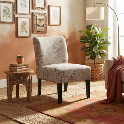 Fabric-Upholstered Armless Accent Chair with Letter-Print Detail, Beige